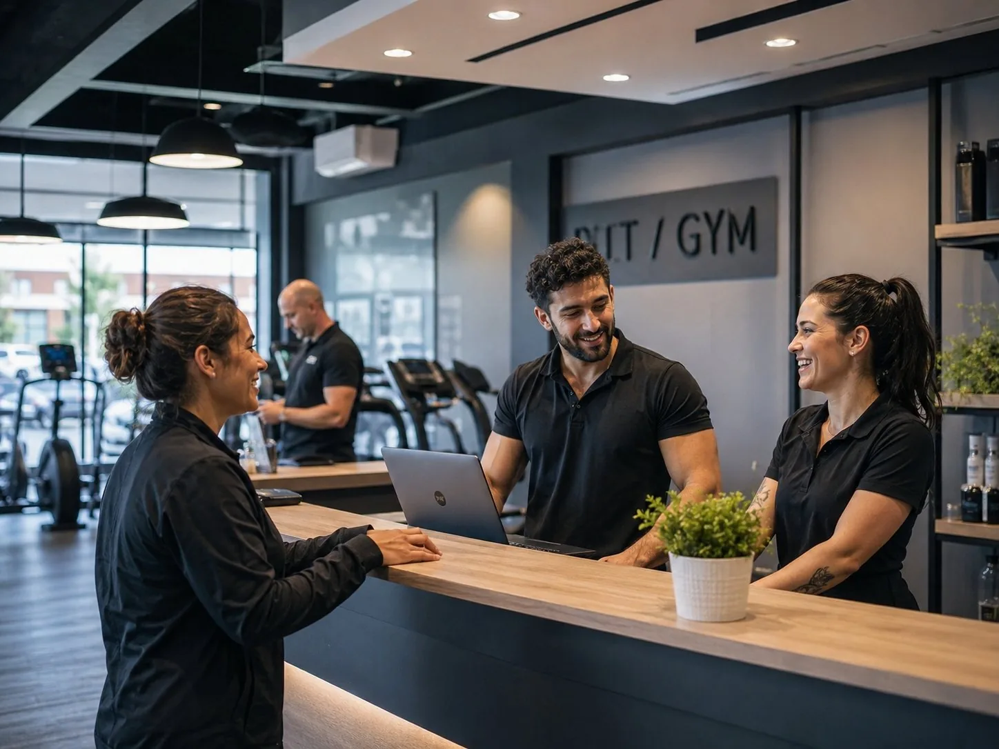Gym staff onboarding a new member at the front desk using AI-powered gym management software, ORVX AI automates bookings, member communications, and lead conversion for Australian fitness studios and gyms