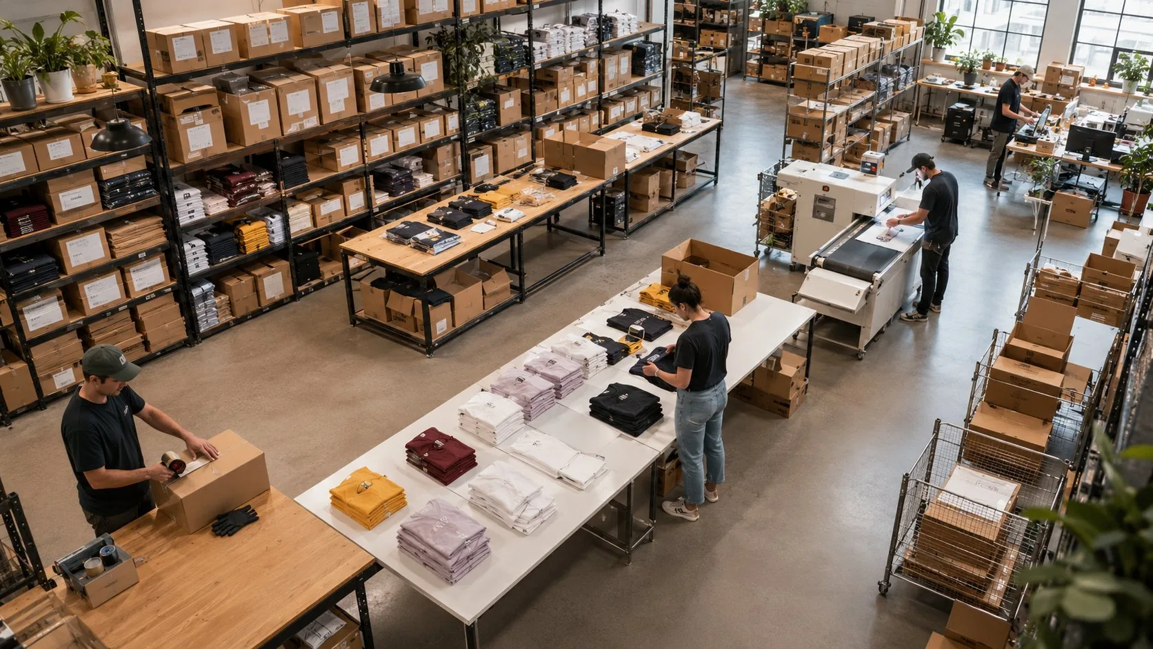 Manufacturing and fulfilment team packing and processing orders at production workbenches, ORVX AI automates demand-driven production planning, workforce scheduling, and inventory workflows for Australian manufacturers