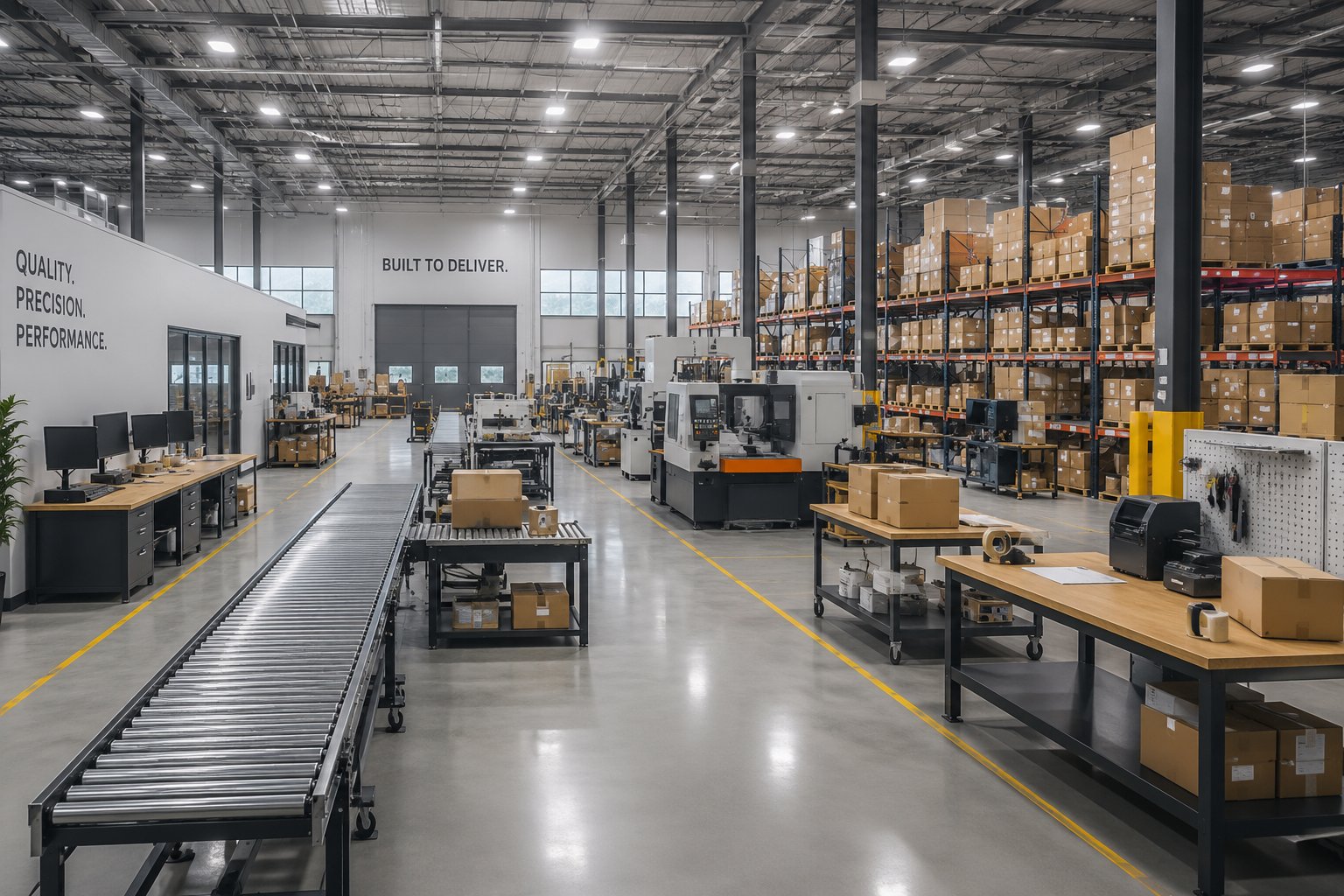 Modern Australian manufacturing facility with conveyor systems, CNC machinery, and organised pallet racking, ORVX AI automates quality control, production scheduling, and supply chain management for manufacturers