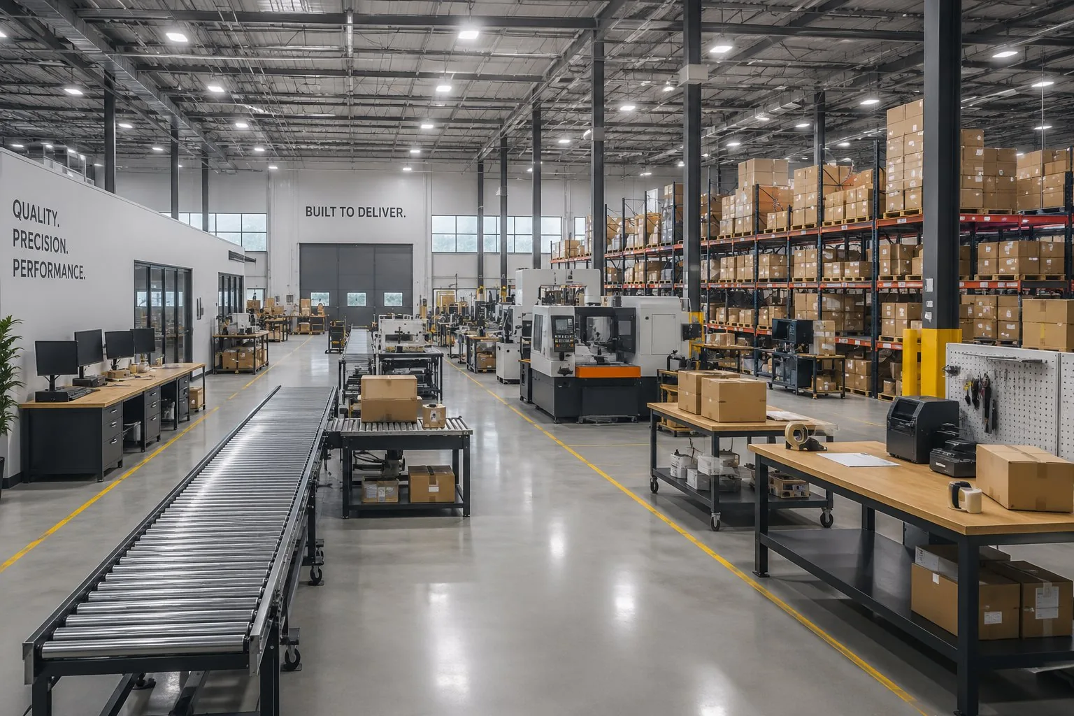 Modern Australian manufacturing facility with conveyor systems, CNC machinery, and organised pallet racking, ORVX AI automates quality control, production scheduling, and supply chain management for manufacturers