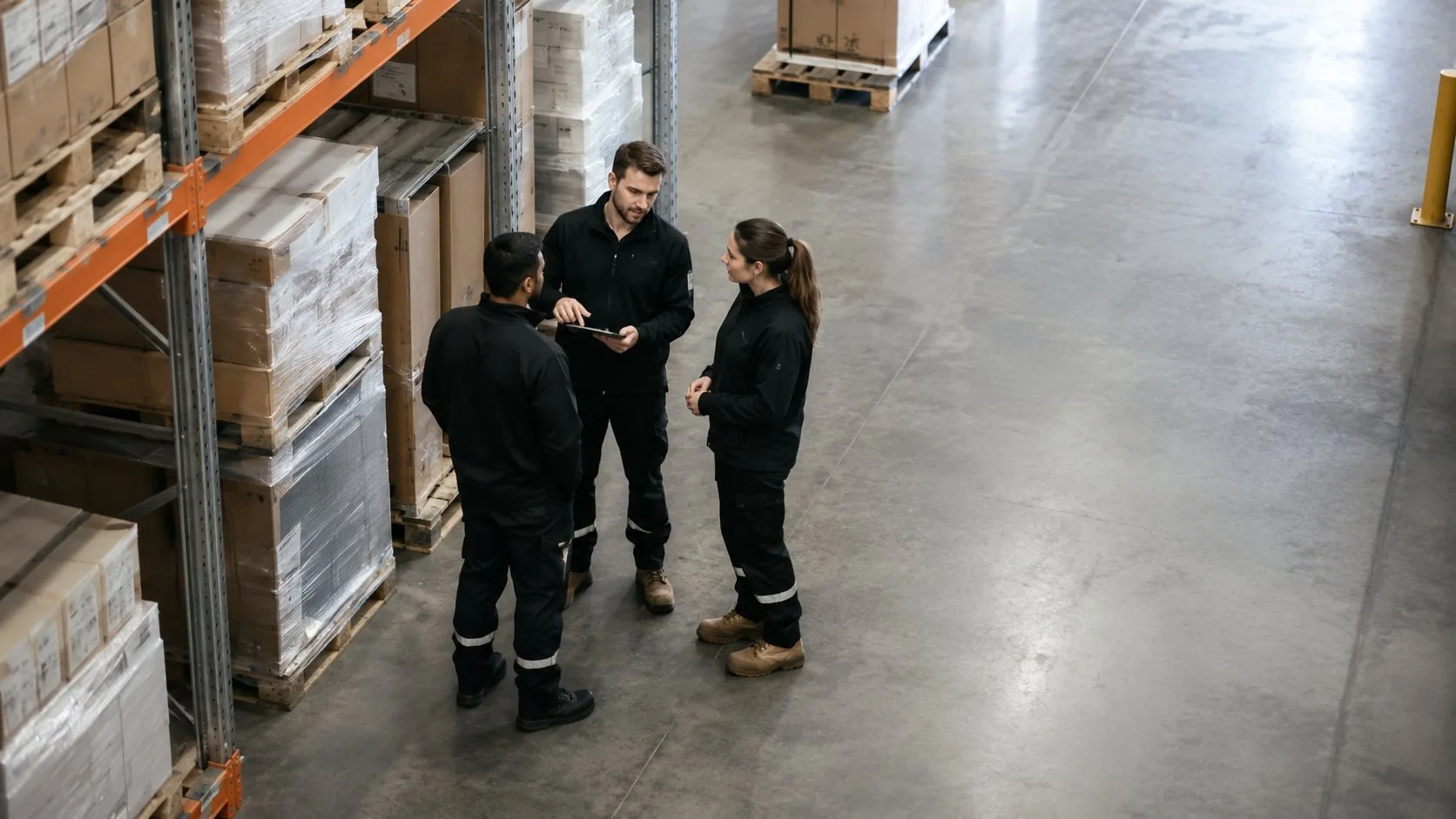 Large-scale Australian warehouse with pallet racking and wide aisles stacked with goods, ORVX AI implements WMS integration, supply chain risk monitoring, and last-mile delivery intelligence for logistics businesses