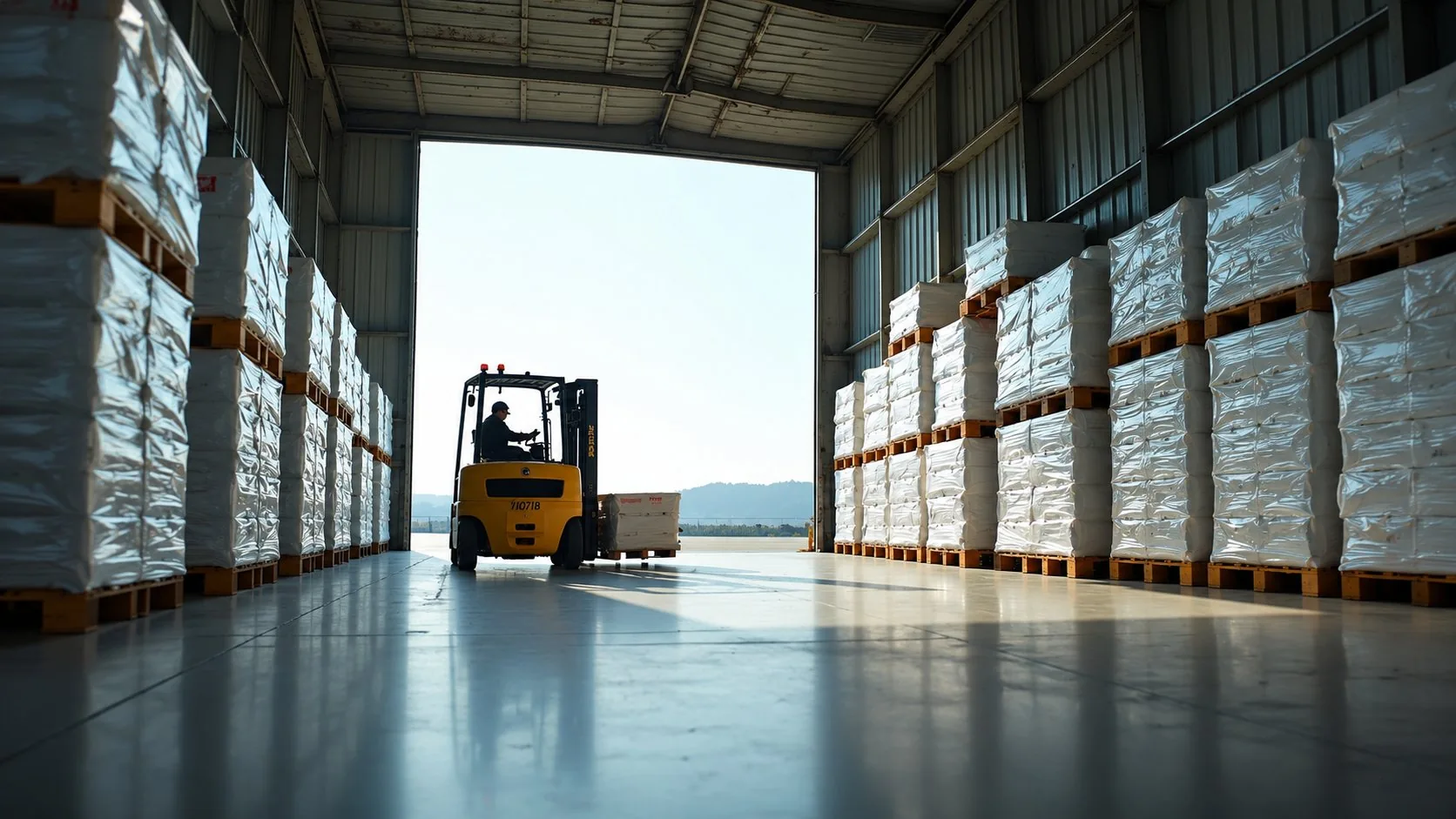 Forklift operator moving palletised goods through a modern Australian distribution centre, ORVX AI powers warehouse operations with AI-driven inventory management, route optimisation, and predictive maintenance