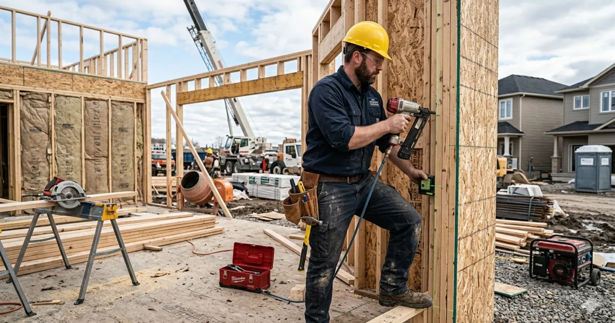Builder using a nail gun on the timber frame of an Australian construction site