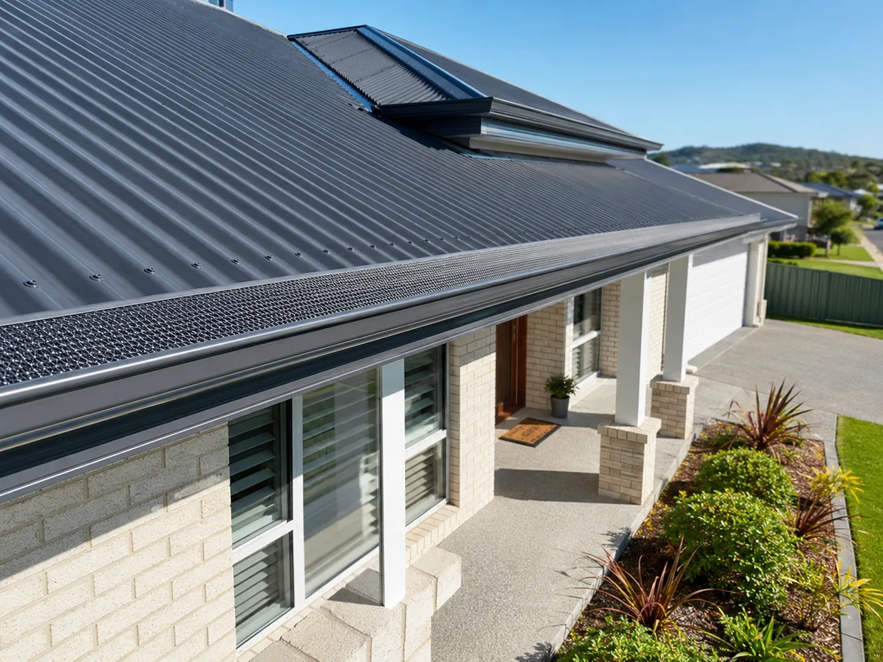 Gutter guard mesh installed on a modern Australian home's metal roof and gutters