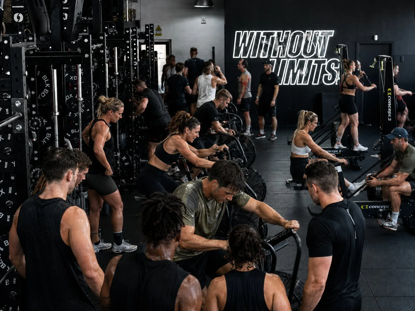 High-intensity group fitness class at Australian gym with members training on air bikes and rowing machines, AI-powered member retention, class scheduling optimisation, and churn prevention for gyms and CrossFit studios