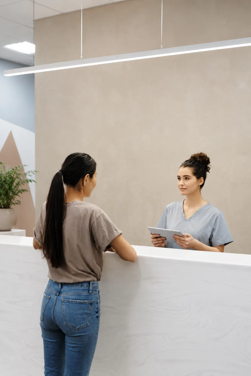 Patient checking in at a healthcare clinic reception desk
