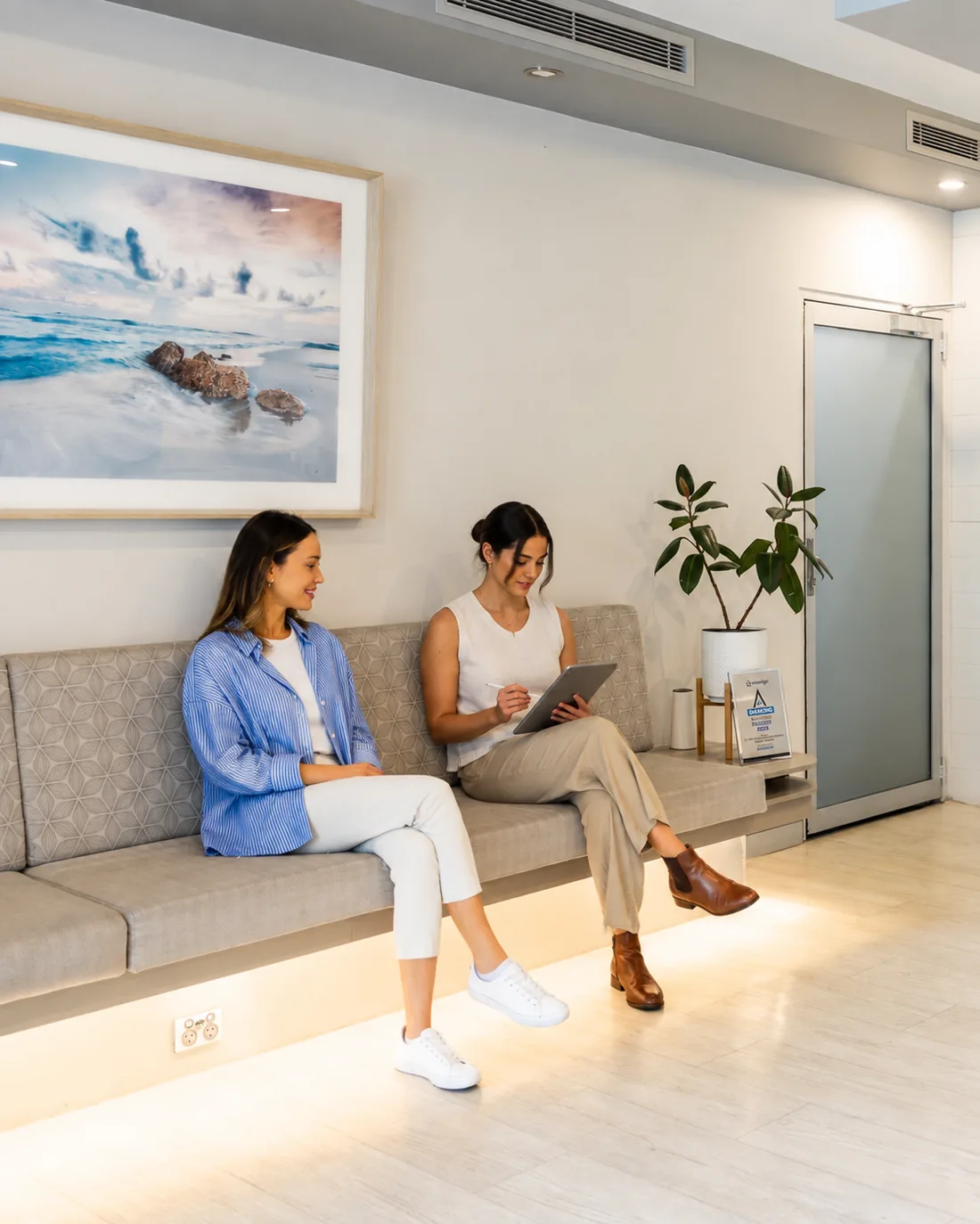 Patients in a modern healthcare clinic waiting room